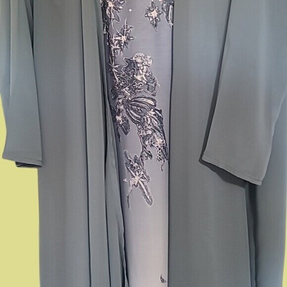 Two-Piece Womens Evening Dress & Sheer Long Overlay Duster V-Neck Embroidered Fl - Picture 3 of 11